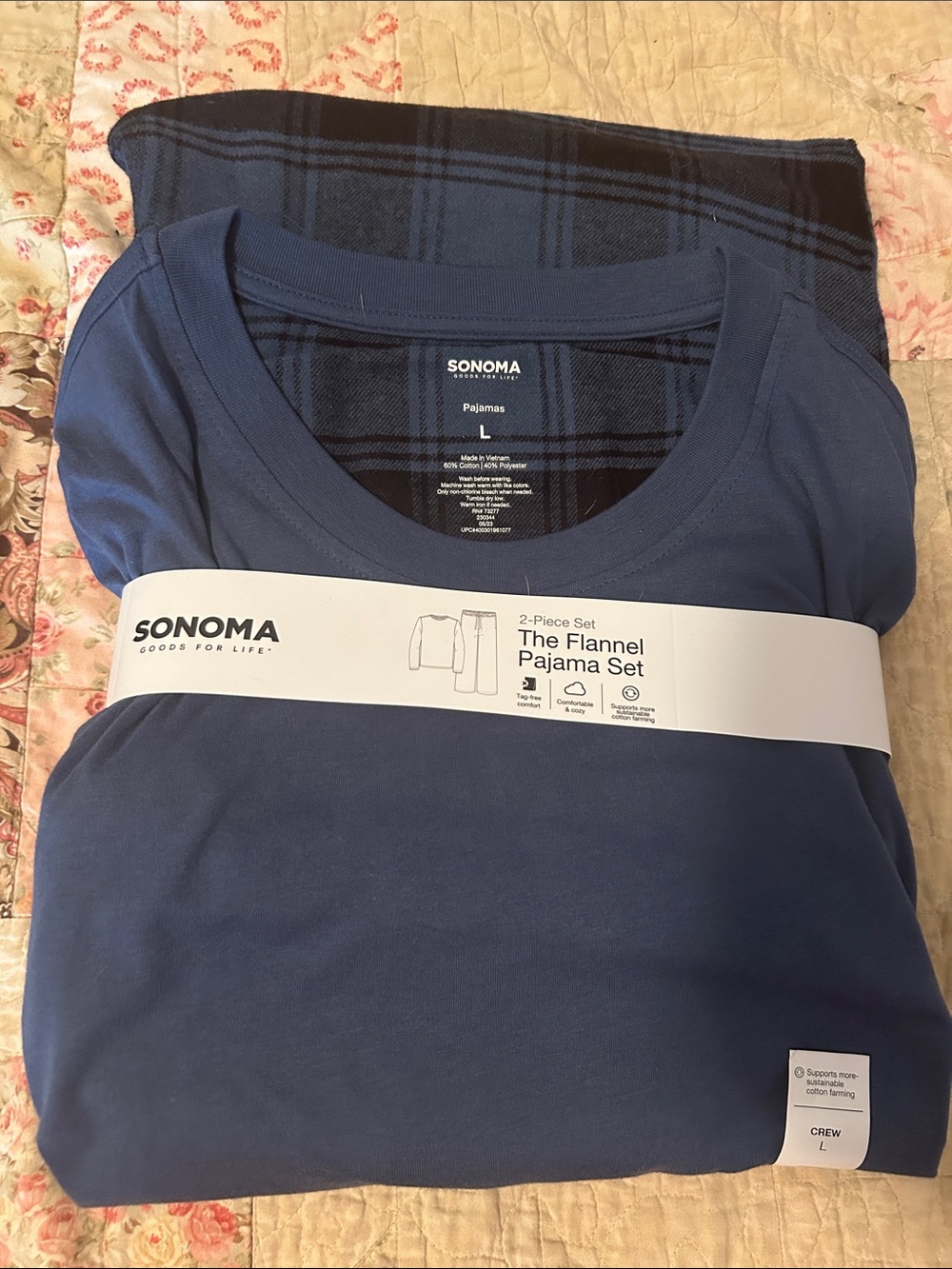 Sonoma Navy Solid Top with Plaid Flannel Pajama Pants Large